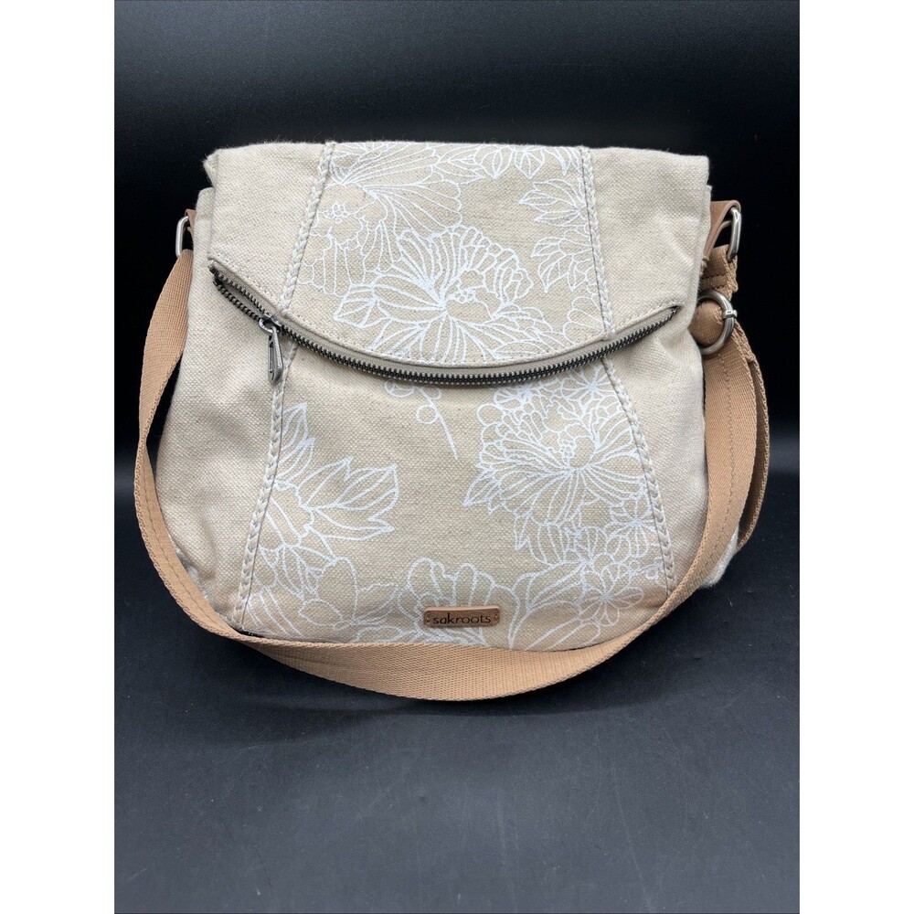 Sakroots Foldover Crossbody Bag, Flower, White/beige Canvas, Artist Circle